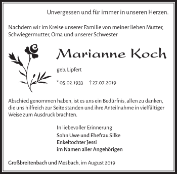 Traueranzeige von Marianne Koch von Südthüringer Presse