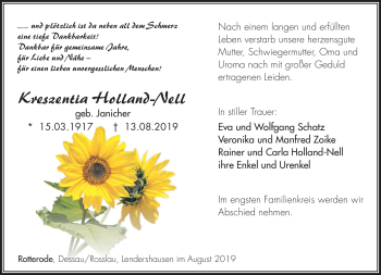 Traueranzeige von Kreszentia Holland-Nell von Südthüringer Presse