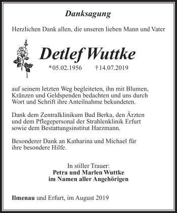 Traueranzeige von Detlef Wuttke von Südthüringer Presse