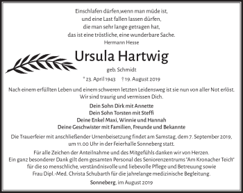 Traueranzeige von Ursula Hartwig von Südthüringer Presse