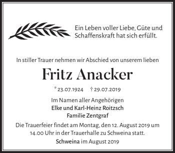 Traueranzeige von Fritz Anacker von Südthüringer Presse