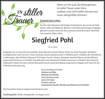 Traueranzeige von Siegfried Pohl von Südthüringer Presse