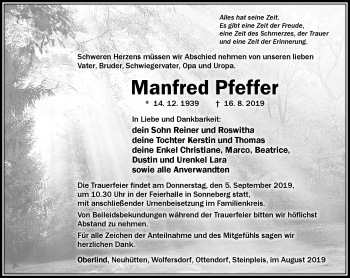 Traueranzeige von Manfred Pfeffer von Südthüringer Presse