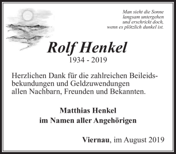 Traueranzeige von Rolf Henkel von Südthüringer Presse