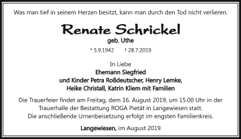 Traueranzeige von Renate Schrickel von Südthüringer Presse