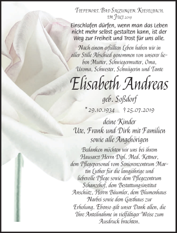 Traueranzeige von Elisabeth Andreas von Südthüringer Presse