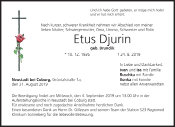 Traueranzeige von Etus Djurin von Neue Presse Coburg