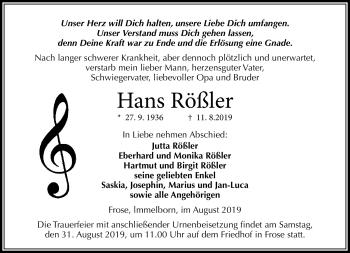 Traueranzeige von Hans Rößler von Südthüringer Presse