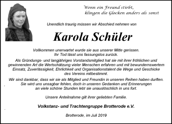 Traueranzeige von Karola Schüler von Südthüringer Presse