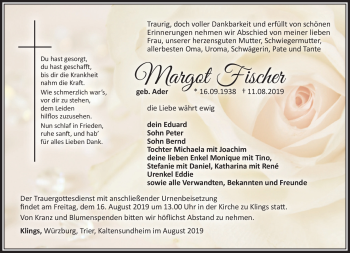 Traueranzeige von Margot Fischer von Südthüringer Presse