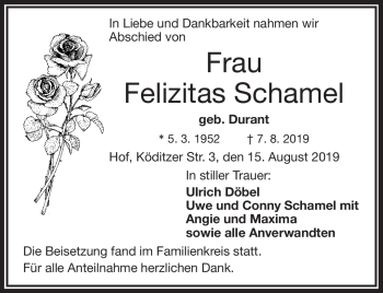 Traueranzeige von Felizitas Schamel von Frankenpost
