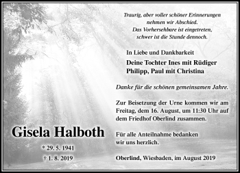 Traueranzeige von Gisela Halboth von Südthüringer Presse