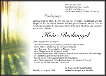 Traueranzeige von Heinz Recknagel von Südthüringer Presse