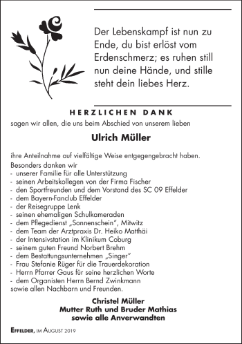 Traueranzeige von Ulrich Müller von Südthüringer Presse