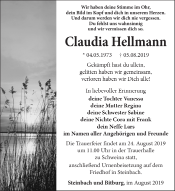 Traueranzeige von Claudia Hellmann von Südthüringer Presse