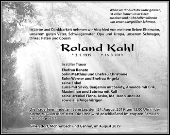 Traueranzeige von Roland Kahl von Südthüringer Presse