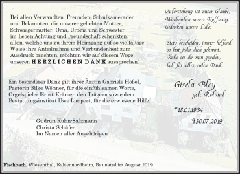 Traueranzeige von Gisela Bley von Südthüringer Presse