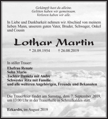 Traueranzeige von Lothar Martin von Südthüringer Presse
