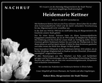 Traueranzeige von Heidemarie Kettner von Südthüringer Presse