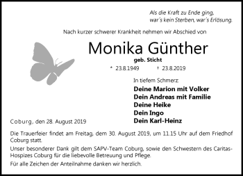 Traueranzeige von Monika Günther von Neue Presse Coburg