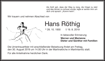 Traueranzeige von Hans Röthig von Frankenpost