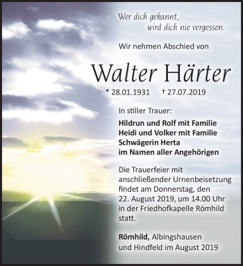 Traueranzeige von Walter Härter von Südthüringer Presse