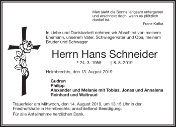 Traueranzeige von Hans Schneider von Frankenpost