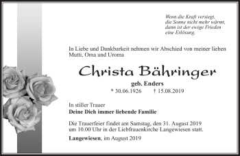 Traueranzeige von Christa Bähringer von Südthüringer Presse