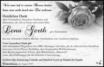 Traueranzeige von Lena Gerth von Südthüringer Presse