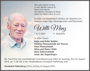 Traueranzeige von Willi Menz von Südthüringer Presse