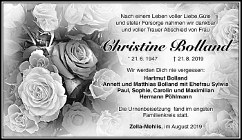 Traueranzeige von Christine Bolland von Südthüringer Presse