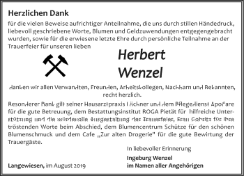 Traueranzeige von Herbert Wenzel von Südthüringer Presse