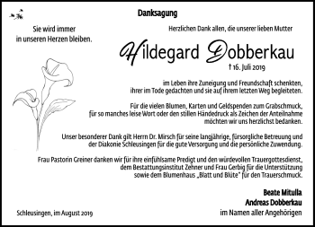 Traueranzeige von Hildegard Dobberkau von Südthüringer Presse