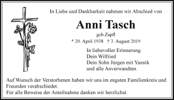 Traueranzeige von Anni Tasch von Frankenpost