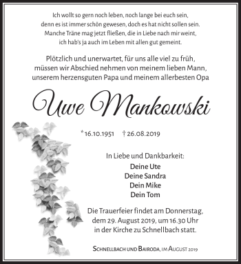Traueranzeige von Uwe Mankowski von Südthüringer Presse