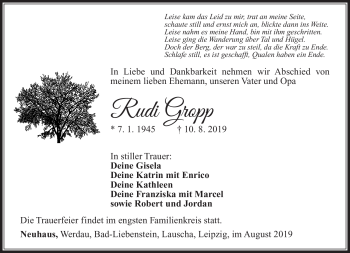 Traueranzeige von Rudi Gropp von Südthüringer Presse
