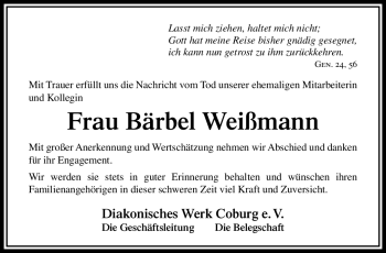 Traueranzeige von Bärbel Weißmann von Neue Presse Coburg