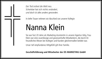 Traueranzeige von Nanna Klein von Neue Presse Coburg