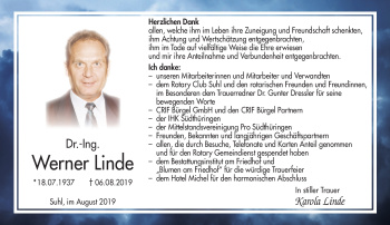 Traueranzeige von Werner Linde von Südthüringer Presse