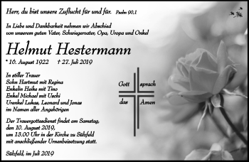 Traueranzeige von Helmut Hestermann von Südthüringer Presse