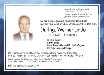 Traueranzeige von Werner Linde von Südthüringer Presse