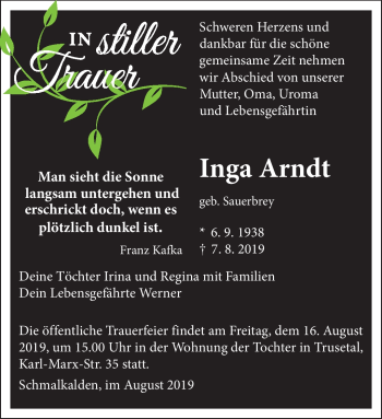 Traueranzeige von Inga Arndt von Südthüringer Presse
