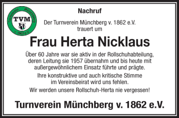 Traueranzeige von Herta Nicklaus von Frankenpost