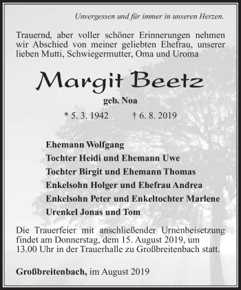 Traueranzeige von Margit Beetz von Südthüringer Presse
