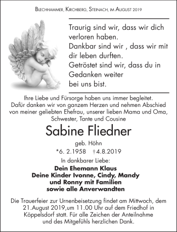 Traueranzeige von Sabine Fliedner von Südthüringer Presse