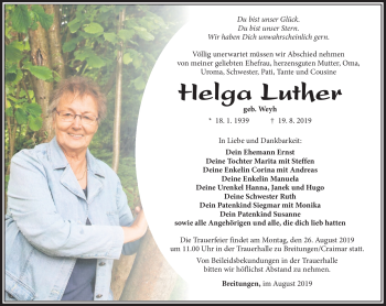Traueranzeige von Helga Luther von Südthüringer Presse
