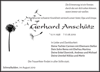 Traueranzeige von Gerhard Anschütz von Südthüringer Presse