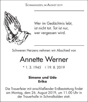 Traueranzeige von Annette Werner von Südthüringer Presse