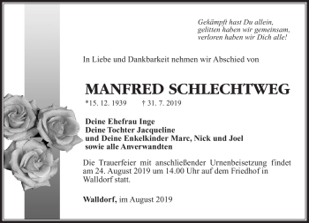 Traueranzeige von Manfred Schlechtweg von Südthüringer Presse