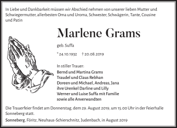 Traueranzeige von Marlene Grams von Südthüringer Presse